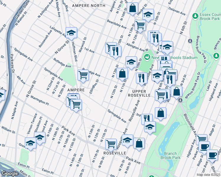 map of restaurants, bars, coffee shops, grocery stores, and more near 327 N 13th St in Newark