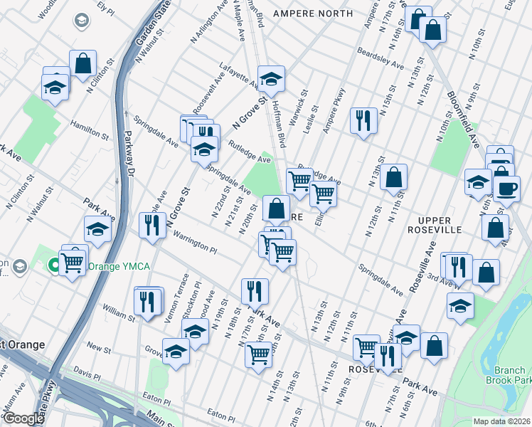 map of restaurants, bars, coffee shops, grocery stores, and more near 263 North 19th Street in East Orange