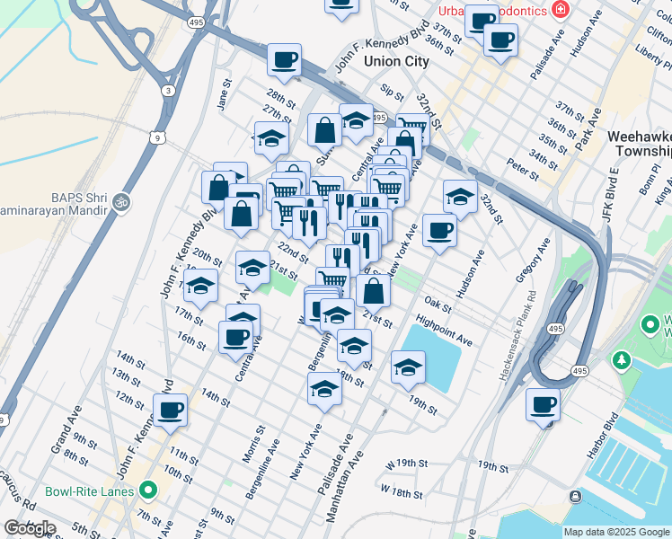 map of restaurants, bars, coffee shops, grocery stores, and more near 522 22nd Street in Union City