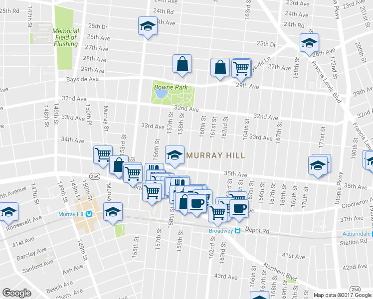 map of restaurants, bars, coffee shops, grocery stores, and more near 33-44 159th Street in Queens