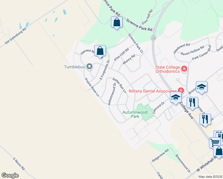 map of restaurants, bars, coffee shops, grocery stores, and more near 1875 Autumnwood Drive in State College