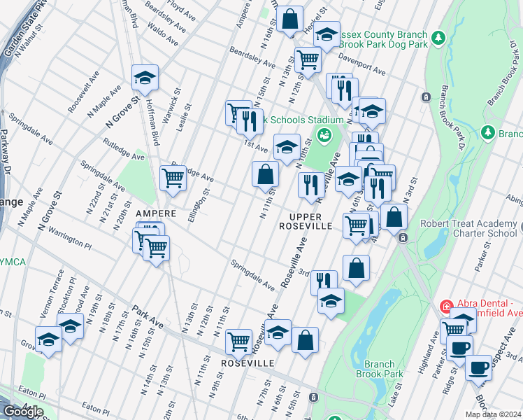 map of restaurants, bars, coffee shops, grocery stores, and more near 340 North 11th Street in Newark