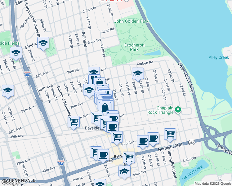 map of restaurants, bars, coffee shops, grocery stores, and more near 214-27 38th Avenue in Queens