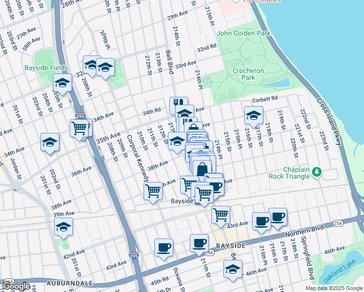 map of restaurants, bars, coffee shops, grocery stores, and more near 36-36 Bell Boulevard in Queens