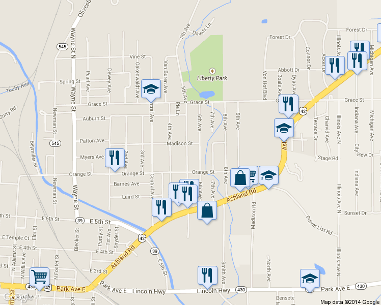 map of restaurants, bars, coffee shops, grocery stores, and more near 322 5th Ave in Mansfield