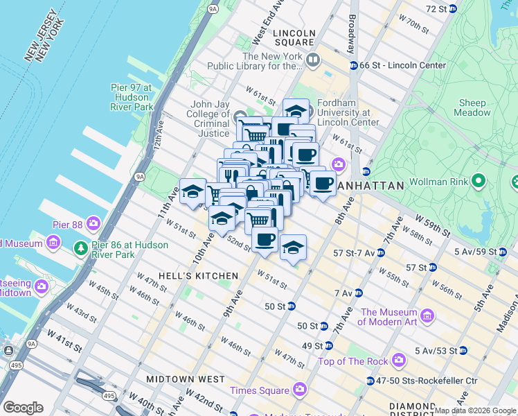 map of restaurants, bars, coffee shops, grocery stores, and more near 411 West 55th Street in New York