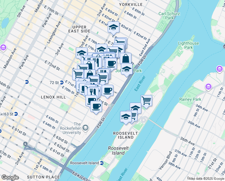 map of restaurants, bars, coffee shops, grocery stores, and more near 543 East 73rd Street in New York