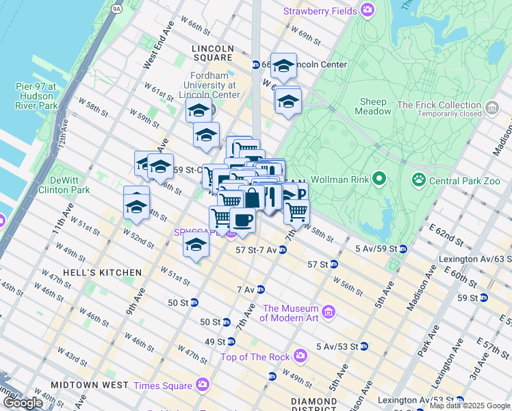 map of restaurants, bars, coffee shops, grocery stores, and more near 3 Columbus Circle in New York