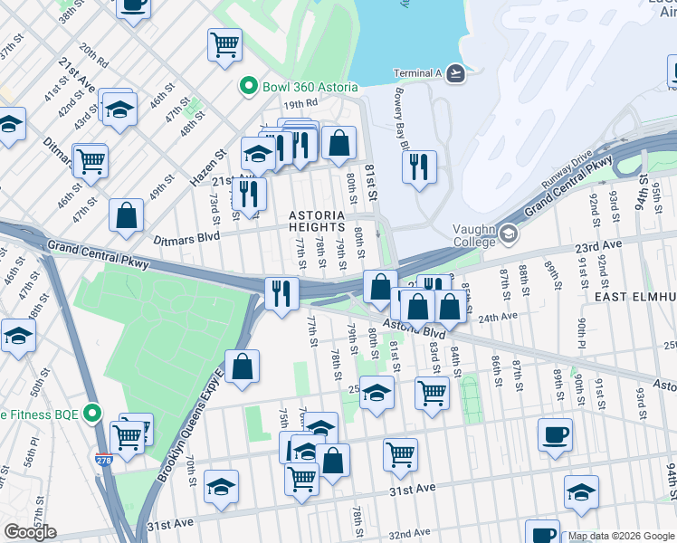 map of restaurants, bars, coffee shops, grocery stores, and more near 22-60 79th Street in Queens