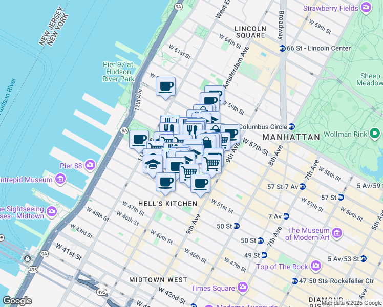 map of restaurants, bars, coffee shops, grocery stores, and more near 800 10th Avenue in New York