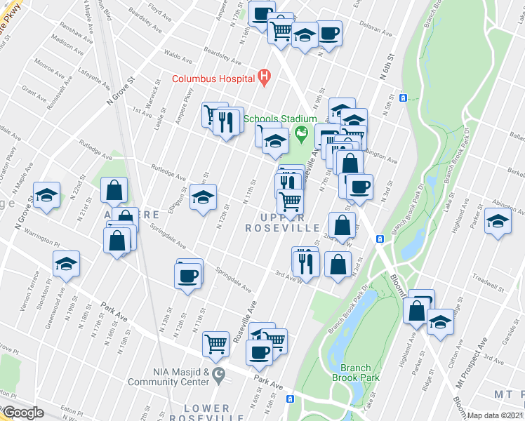 map of restaurants, bars, coffee shops, grocery stores, and more near 63-65 North 10th Street in Newark