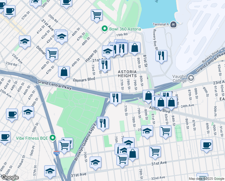 map of restaurants, bars, coffee shops, grocery stores, and more near 22-49 76th Street in Queens