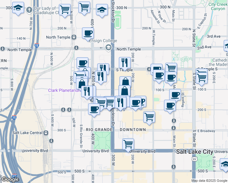 map of restaurants, bars, coffee shops, grocery stores, and more near 103 300 West in Salt Lake City