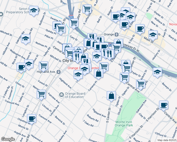 map of restaurants, bars, coffee shops, grocery stores, and more near 401 Central Avenue in City of Orange