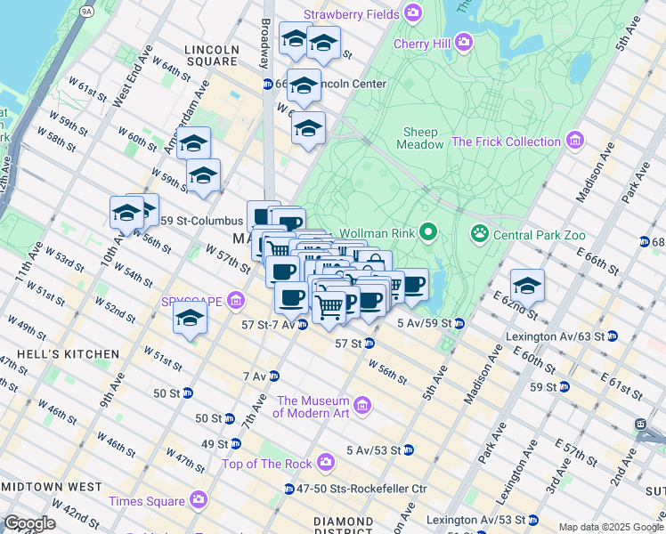 map of restaurants, bars, coffee shops, grocery stores, and more near 7th Avenue in New York
