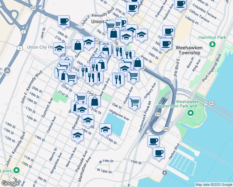 map of restaurants, bars, coffee shops, grocery stores, and more near 2410 Palisade Avenue in Weehawken
