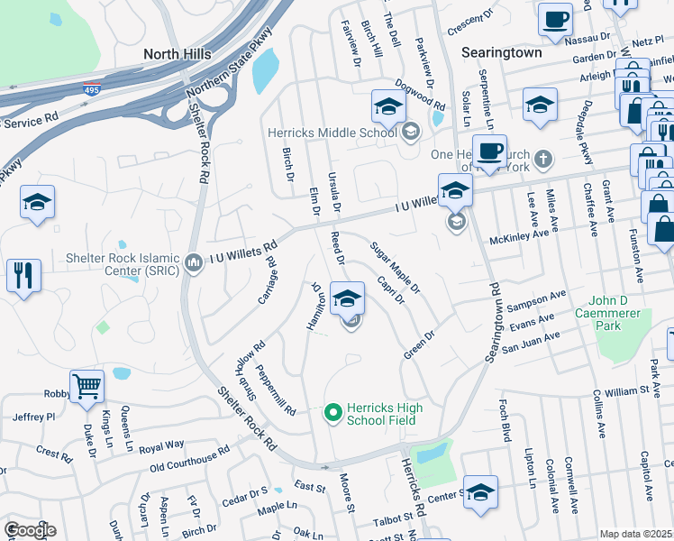 map of restaurants, bars, coffee shops, grocery stores, and more near 107 Reed Drive in Roslyn