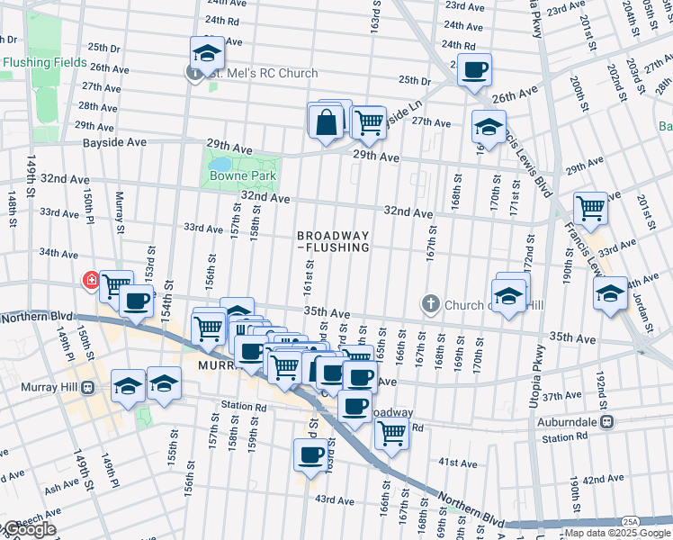 map of restaurants, bars, coffee shops, grocery stores, and more near 33-33 162nd Street in Queens