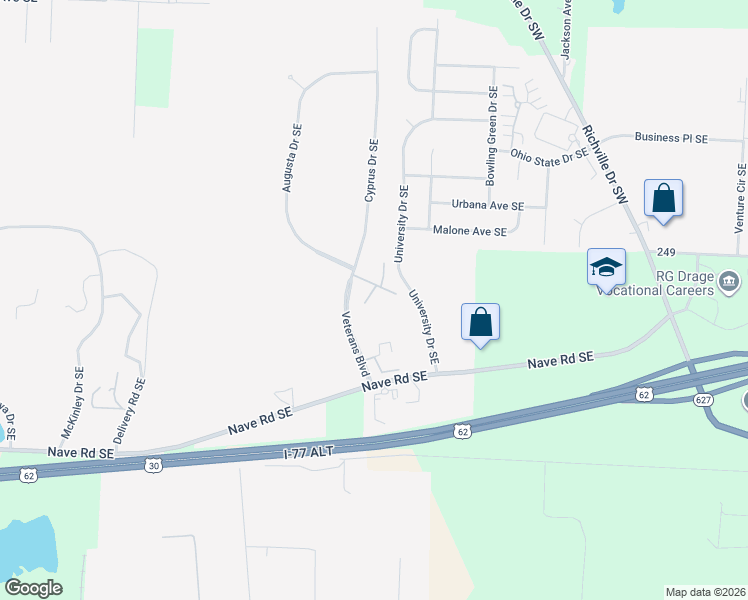map of restaurants, bars, coffee shops, grocery stores, and more near 2375 Pebble Beach Drive in Massillon