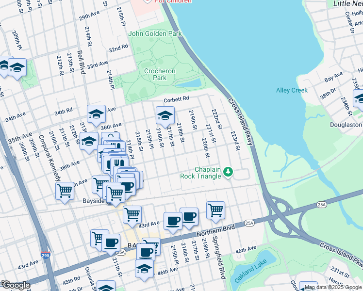 map of restaurants, bars, coffee shops, grocery stores, and more near 38-26A 218th Street in Queens