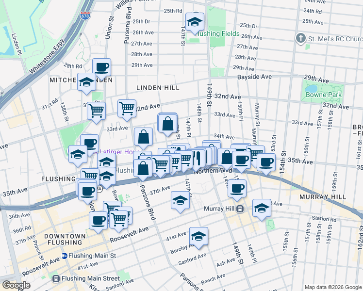 map of restaurants, bars, coffee shops, grocery stores, and more near 147-02 34th Avenue in Queens