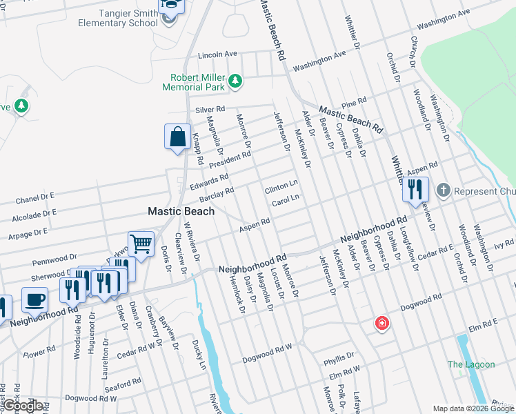 map of restaurants, bars, coffee shops, grocery stores, and more near 191 Locust Drive in Mastic Beach