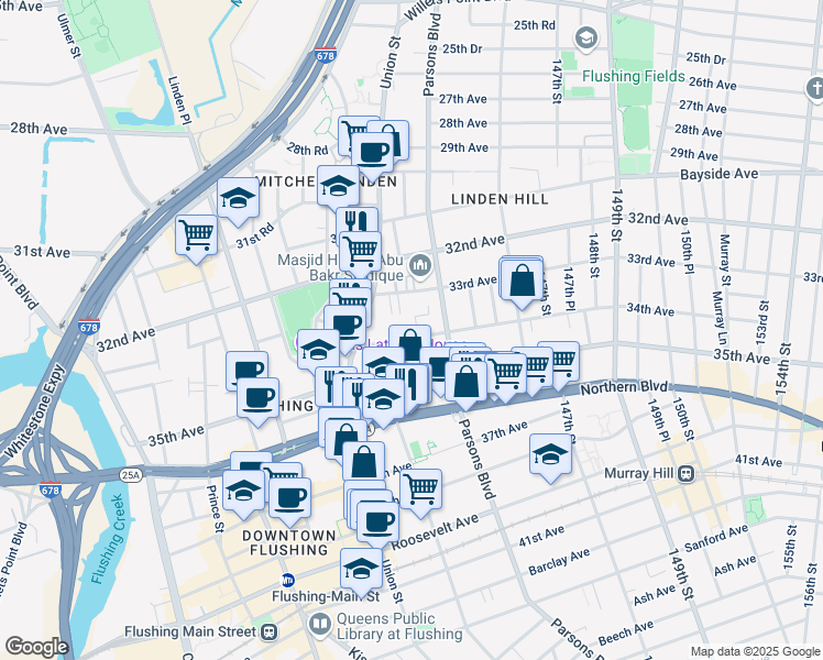 map of restaurants, bars, coffee shops, grocery stores, and more near 140-55 34th Avenue in Queens