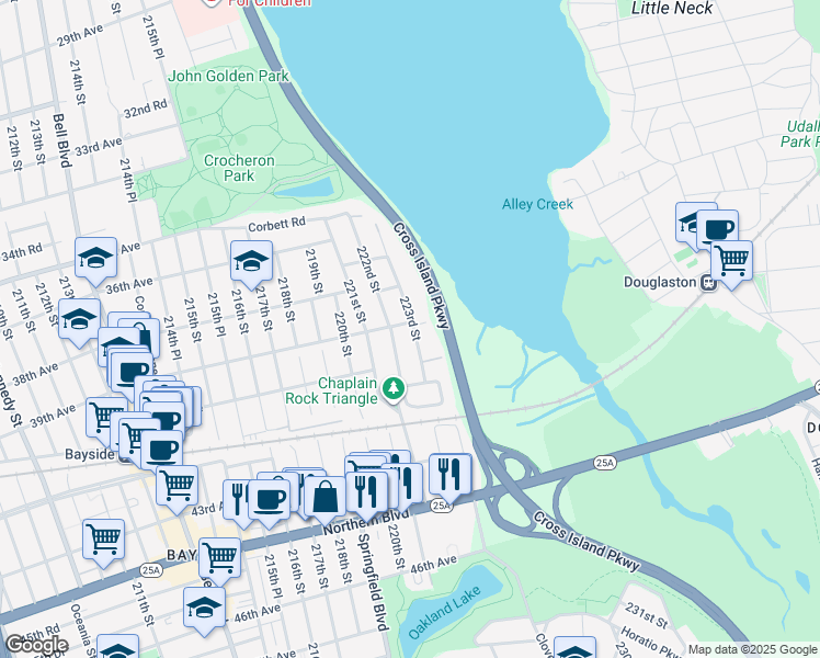 map of restaurants, bars, coffee shops, grocery stores, and more near 222-18 39th Avenue in Queens