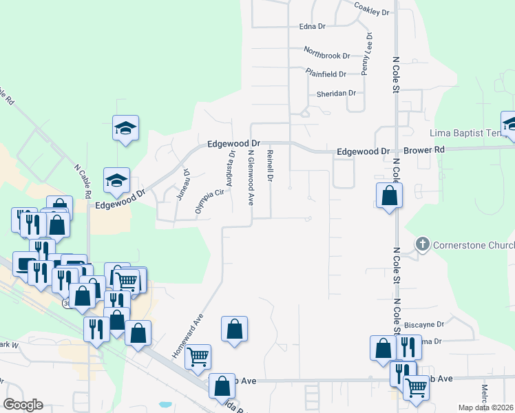 map of restaurants, bars, coffee shops, grocery stores, and more near 2220 North Glenwood Avenue in Lima