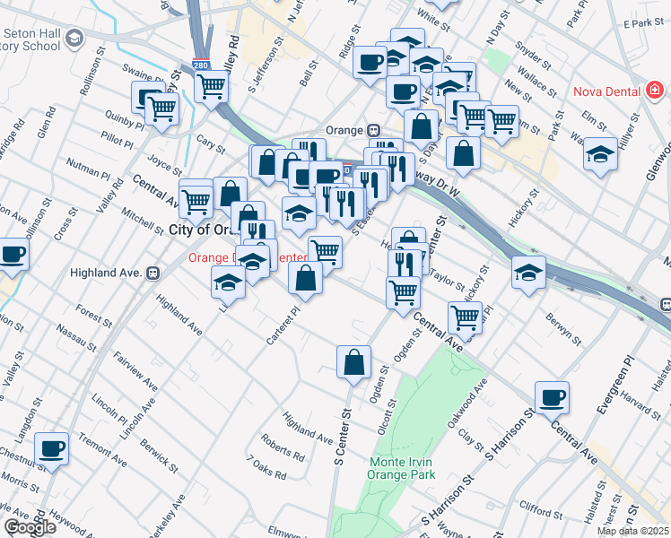map of restaurants, bars, coffee shops, grocery stores, and more near 323 Central Avenue in City of Orange