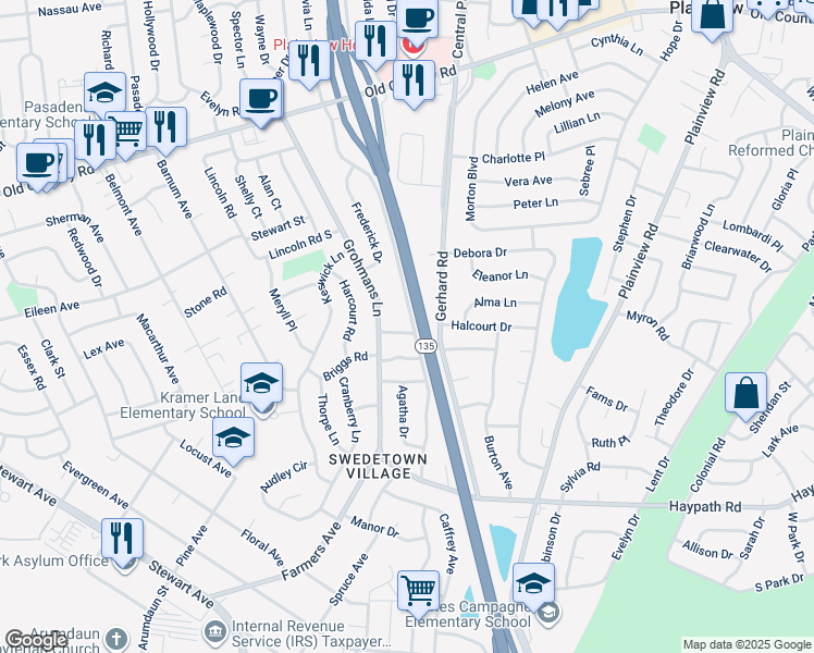 map of restaurants, bars, coffee shops, grocery stores, and more near 10 West Lane Drive in Plainview