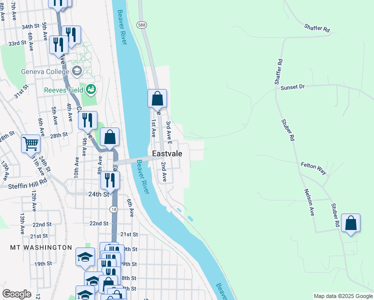 map of restaurants, bars, coffee shops, grocery stores, and more near 315 5th Avenue East in Beaver Falls