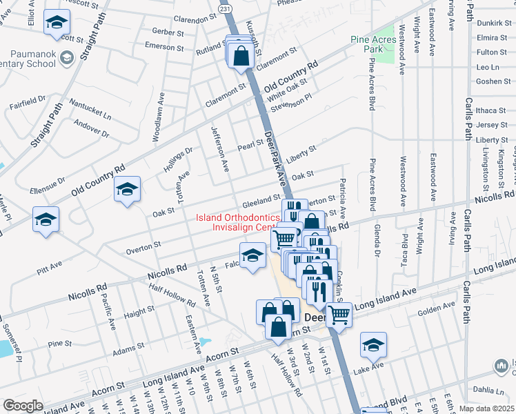 map of restaurants, bars, coffee shops, grocery stores, and more near 98 Gleeland Street in Deer Park