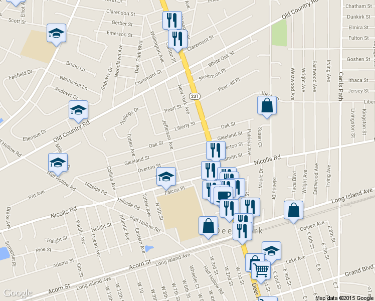 map of restaurants, bars, coffee shops, grocery stores, and more near 98 Gleeland Street in Deer Park