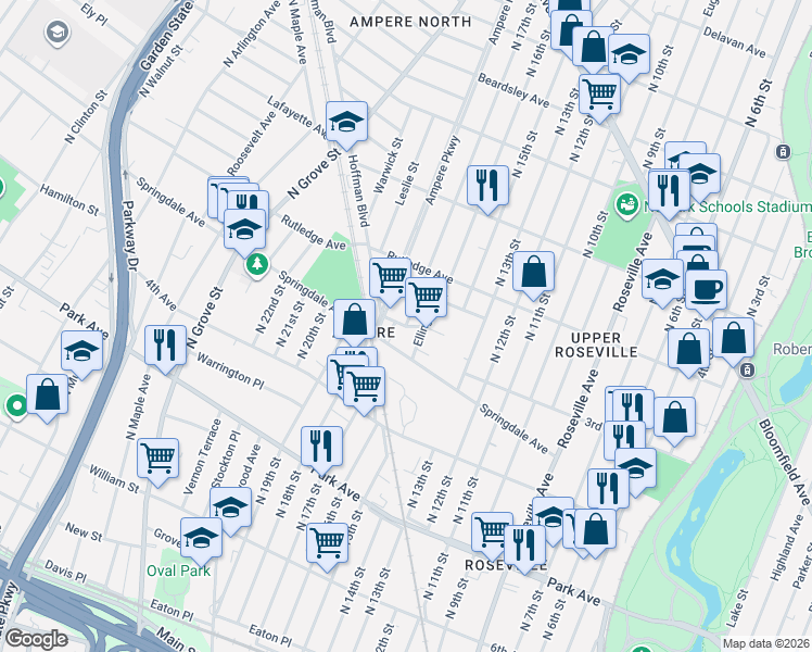 map of restaurants, bars, coffee shops, grocery stores, and more near 28 Ellington Street in East Orange