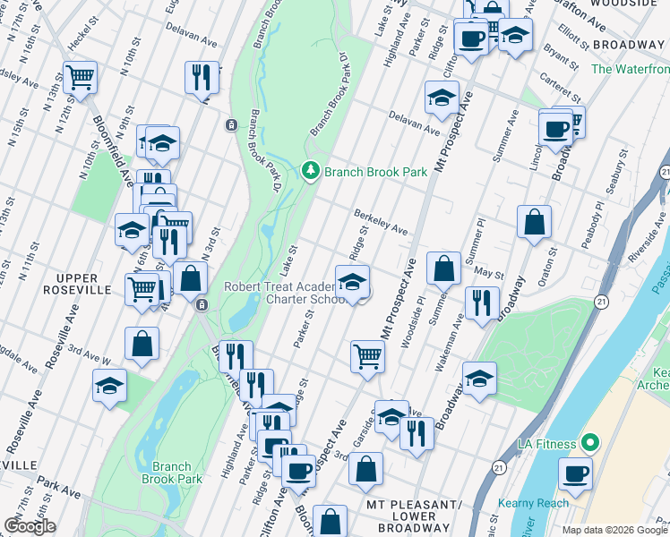 map of restaurants, bars, coffee shops, grocery stores, and more near 401-405 Parker Street in Newark