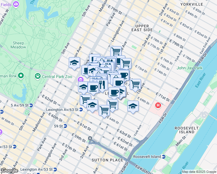 map of restaurants, bars, coffee shops, grocery stores, and more near 219 East 68th Street in New York