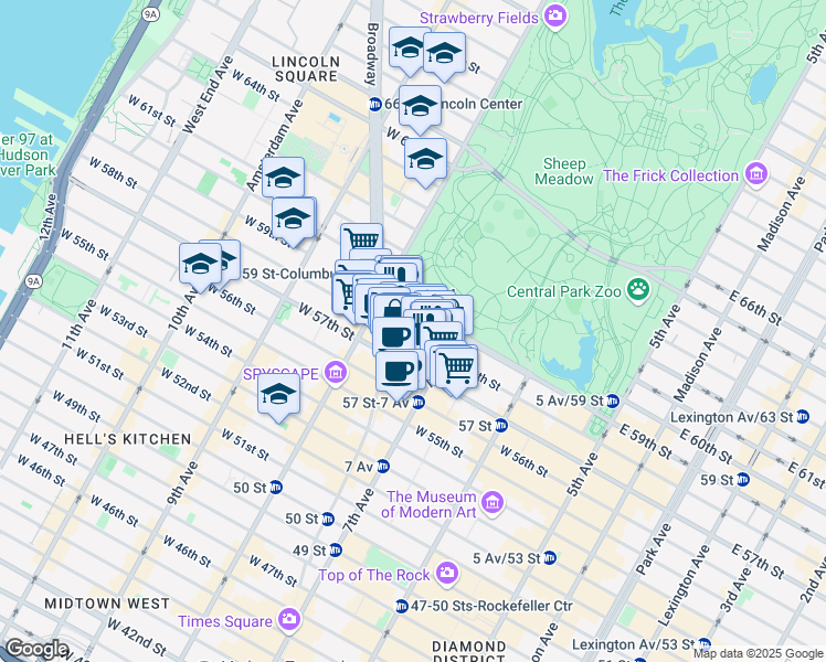 map of restaurants, bars, coffee shops, grocery stores, and more near 225 West 58th Street in New York