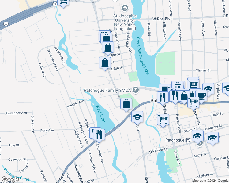 map of restaurants, bars, coffee shops, grocery stores, and more near 76 County Road 61 in Patchogue