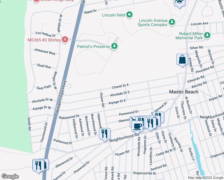 map of restaurants, bars, coffee shops, grocery stores, and more near 80 Chanel Drive East in Shirley