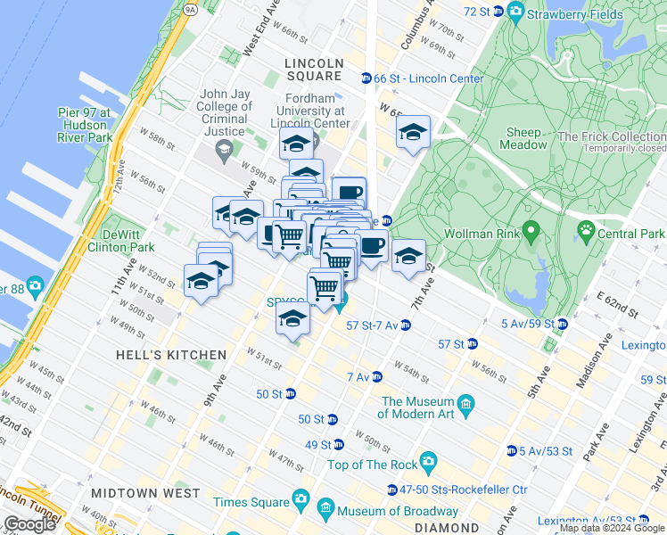 map of restaurants, bars, coffee shops, grocery stores, and more near 330 West 56th Street in New York