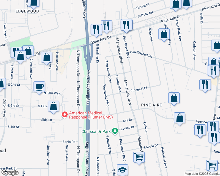 map of restaurants, bars, coffee shops, grocery stores, and more near 1704 Pine Acres Boulevard in Bay Shore