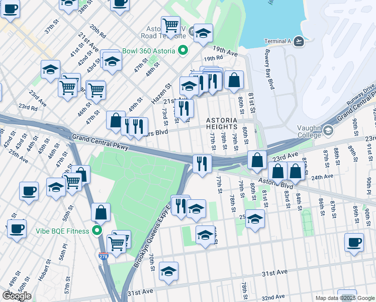map of restaurants, bars, coffee shops, grocery stores, and more near 7411 Astoria Boulevard North in Queens