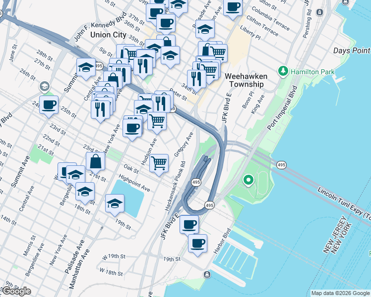map of restaurants, bars, coffee shops, grocery stores, and more near in Weehawken