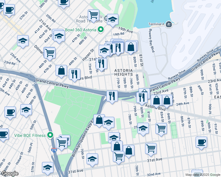 map of restaurants, bars, coffee shops, grocery stores, and more near 22-50 76th Street in Queens