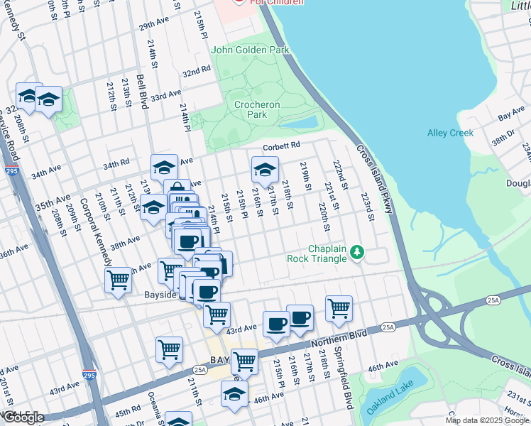 map of restaurants, bars, coffee shops, grocery stores, and more near 38-15 216th Street in Queens