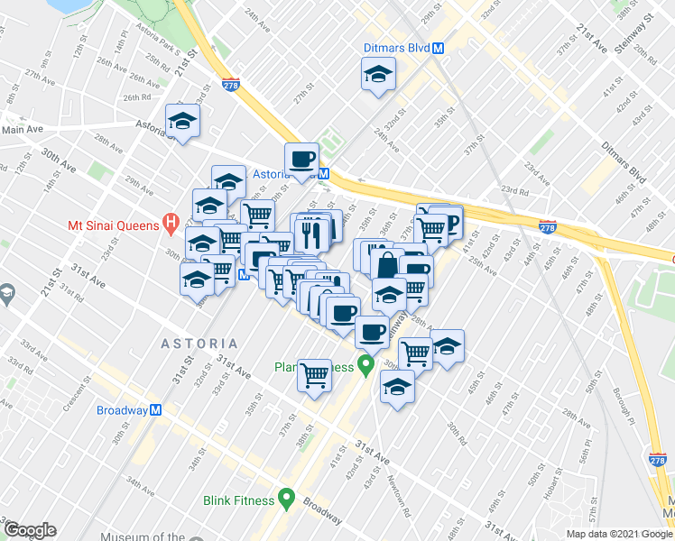 map of restaurants, bars, coffee shops, grocery stores, and more near 35th St & 28th Ave in Queens