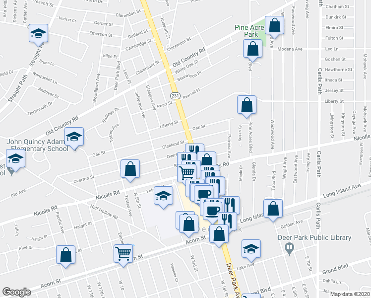 map of restaurants, bars, coffee shops, grocery stores, and more near 55 Overton Street in Deer Park