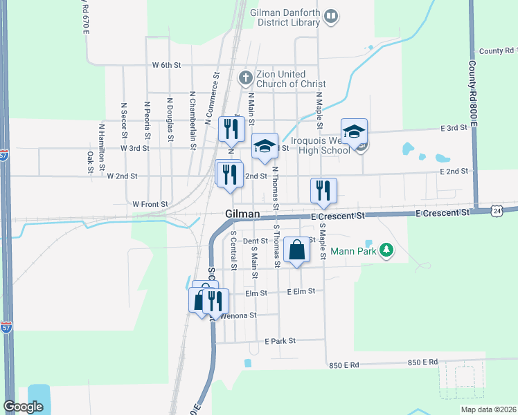 map of restaurants, bars, coffee shops, grocery stores, and more near 107 North Main Street in Gilman