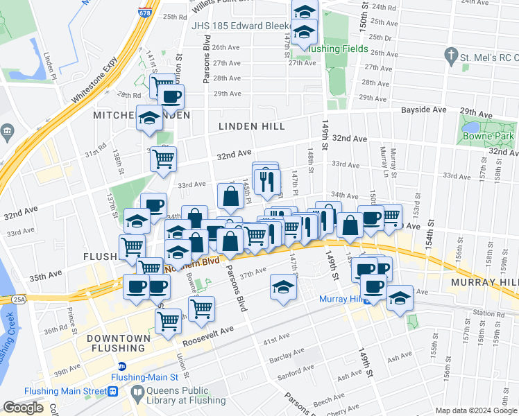 map of restaurants, bars, coffee shops, grocery stores, and more near 145-38 34th Avenue in Queens
